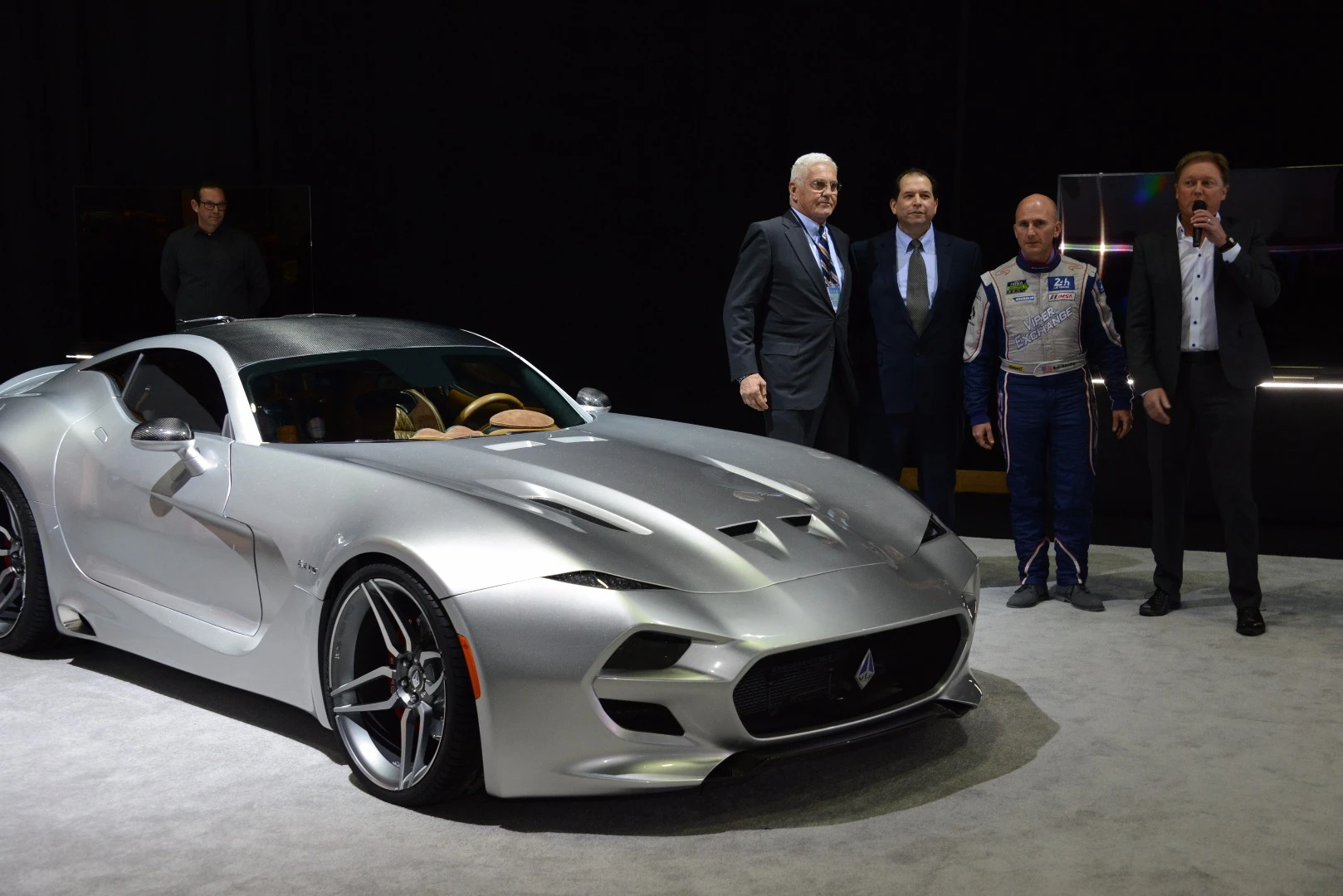 Left to right: Bob Lutz, Gilbert Villarreal, Ben Keating and Henrik Fisker with the Force 1 at NAIAS 2016