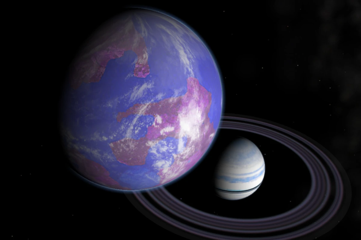 An artist's illustration of an Earth-like exomoon orbiting a Saturn-like exoplanet