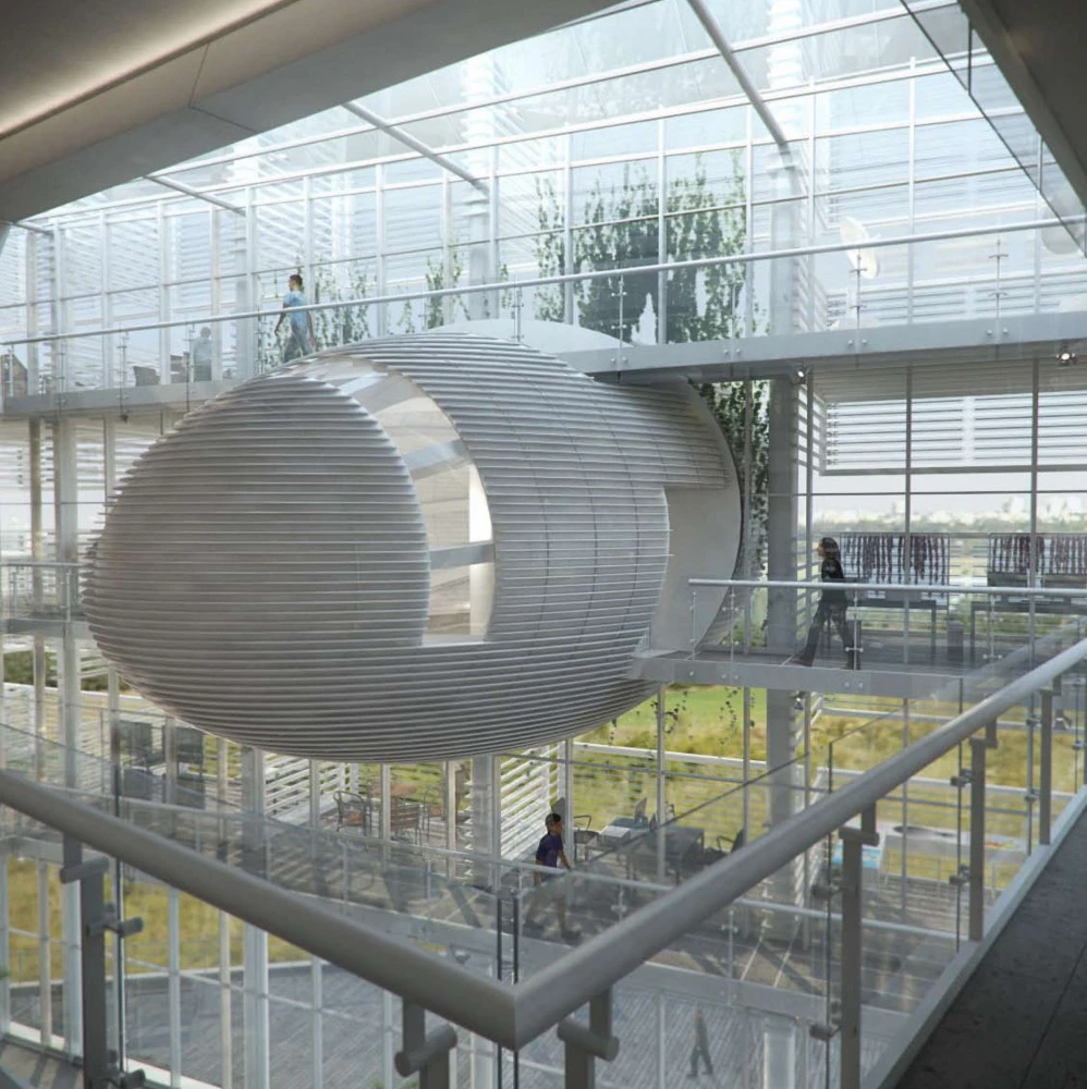 Environmental data gathered by the school will be displayed on the egg shaped capsule meeting room, covered in programmable LED lights (Image: Axelrod-Grobman Architects)