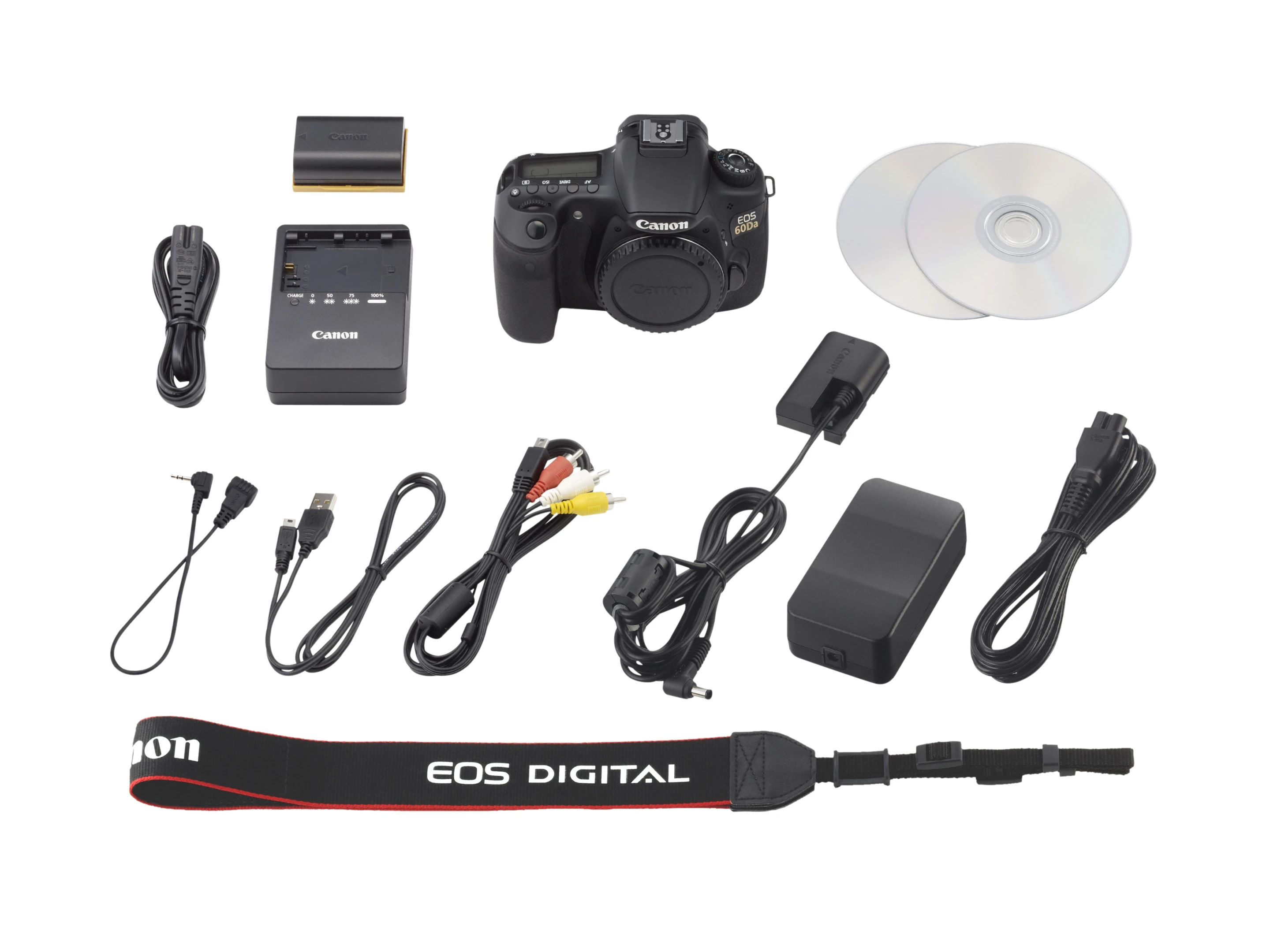 The EOS 60Da kit, including an AC adapter for wall outlet power during long exposure shots and an AVC-DC400ST Stereo AV Video Cable for onward display of the heavenly image on a TV screen