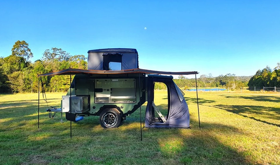 AOR offers plenty of accessories to expand the Sierra's camp footprint, including awnings, the drop-down rear tent, the shower pod and roof-top tents