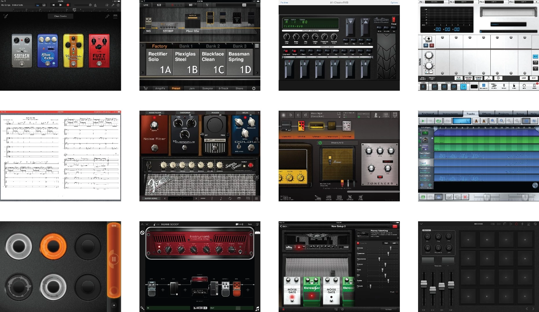 A collection of some of the apps that the RemoFinger will work with, including AmpliTube, GarageBand and MusicStudio