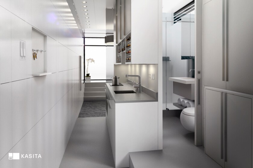 The amenities promised are pretty generous, and include a walk-in shower, refrigerator, convection oven and cooktop, washer/dryer, and a queen-size bed