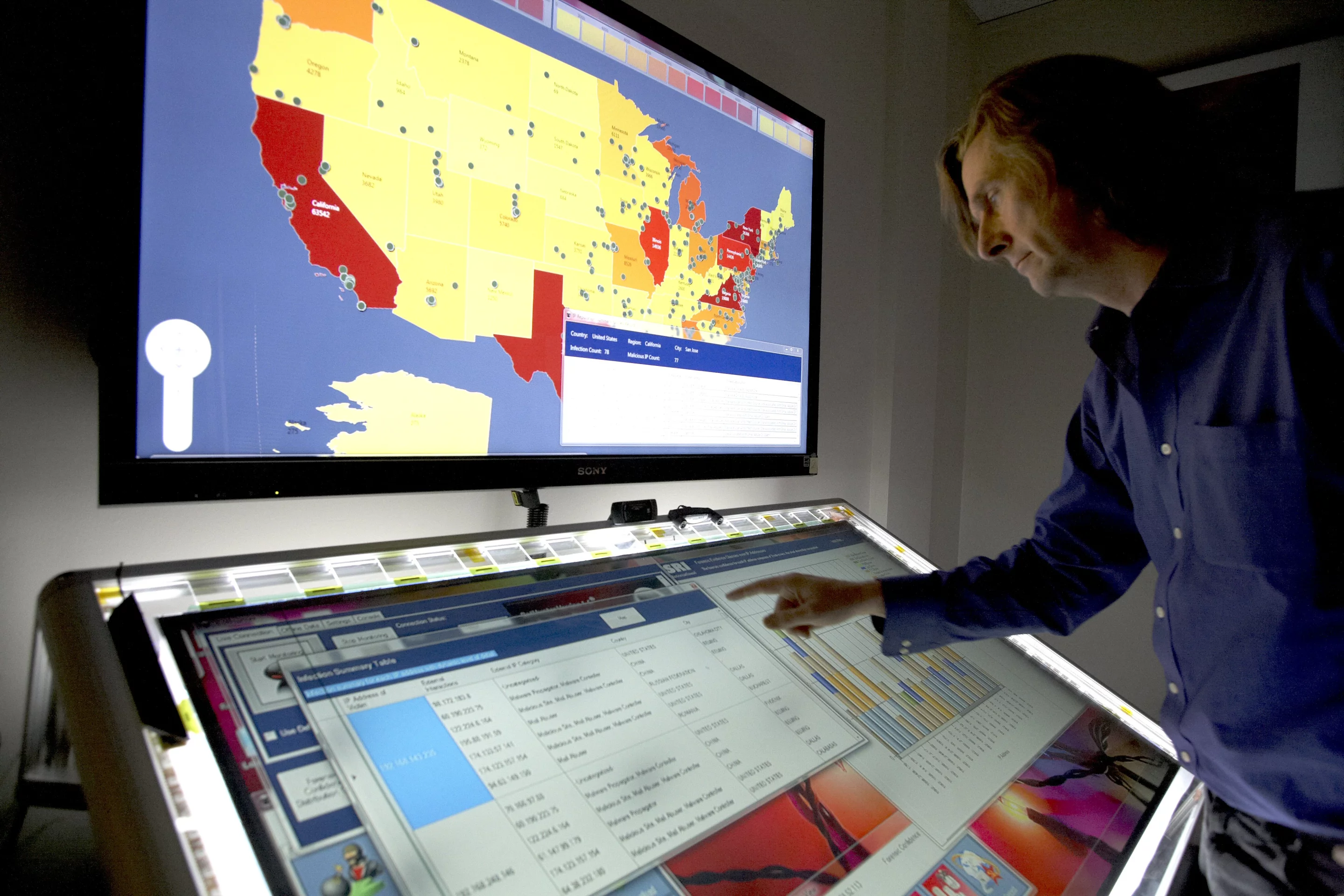 Patrick Lincoln, director of SRI’s Computer Science Laboratory, demonstrates bRight with botnet detection software BotHunter