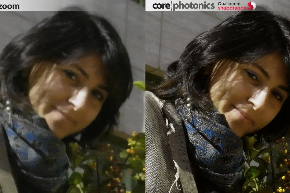 Close-ups taken using a regular smartphone camera's digital zoom (left), and with the Corephotonics system (right)