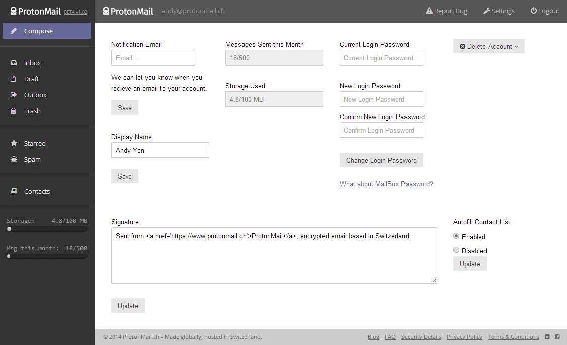 The ProtonMail "account settings" screen