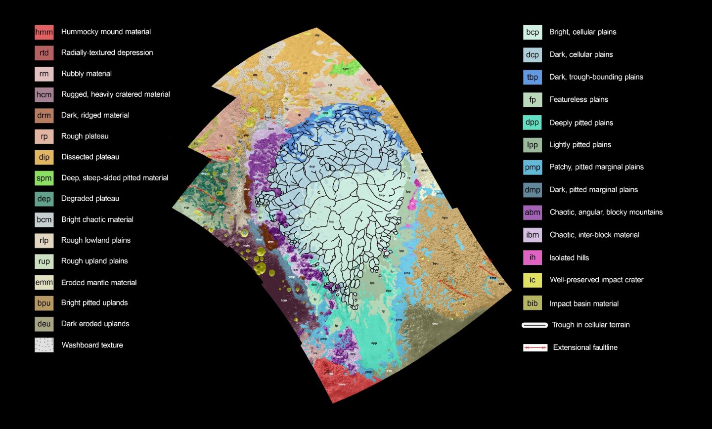Geological map of the Sputnik Planum region complete with key