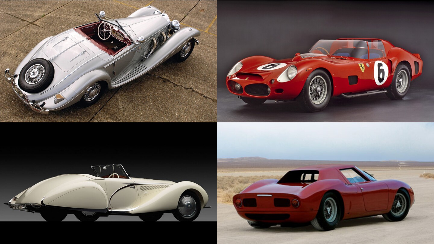 Some of the world's most expensive cars have been previously sold by RM Sotheby's prior to their new relationship: (top left) a 1937 Mercedes-Benz 540K Speziale Roadster (US$8,106,150 – GBP£3,905,000) in London in October, 2007(top right) the Le-Mans-winning 1962 Ferrari 330 TRI/LM Spider (US$9,288,469 – EUR6,875,000) at a Maranello auction in 2007, (bottom left) a 1938 Talbot-Lago T150-C SS Teardrop Cabriolet by Figoni et Falaschi (US$7,150,000) and (bottom right) a 1964 Ferrari 250 LM (US$7,014,433 – EUR 4,510,000) at Maranello in 2008.
