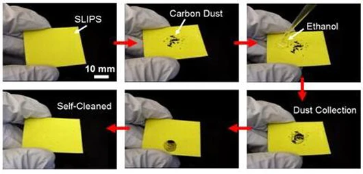 SLIPS self-cleaning carbon dust with a droplet of ethanol