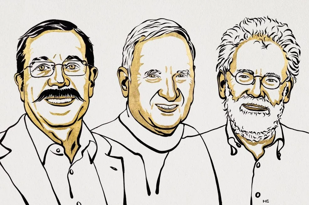 Portraits of the three Nobel Prize Laureates, Alain Aspect, John F. Clauser and Anton Zeilinger