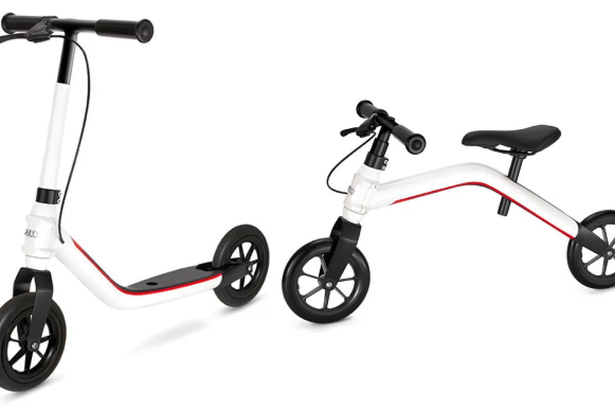 The Audi Mini Runner is a convertible kid's toy, being both a balance bike and a scooter