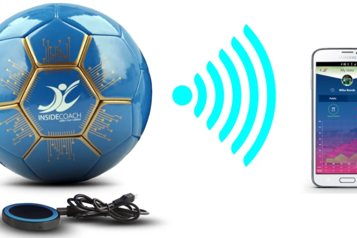 The InsideCoach smart soccer ball includes a dedicated app and charging plate