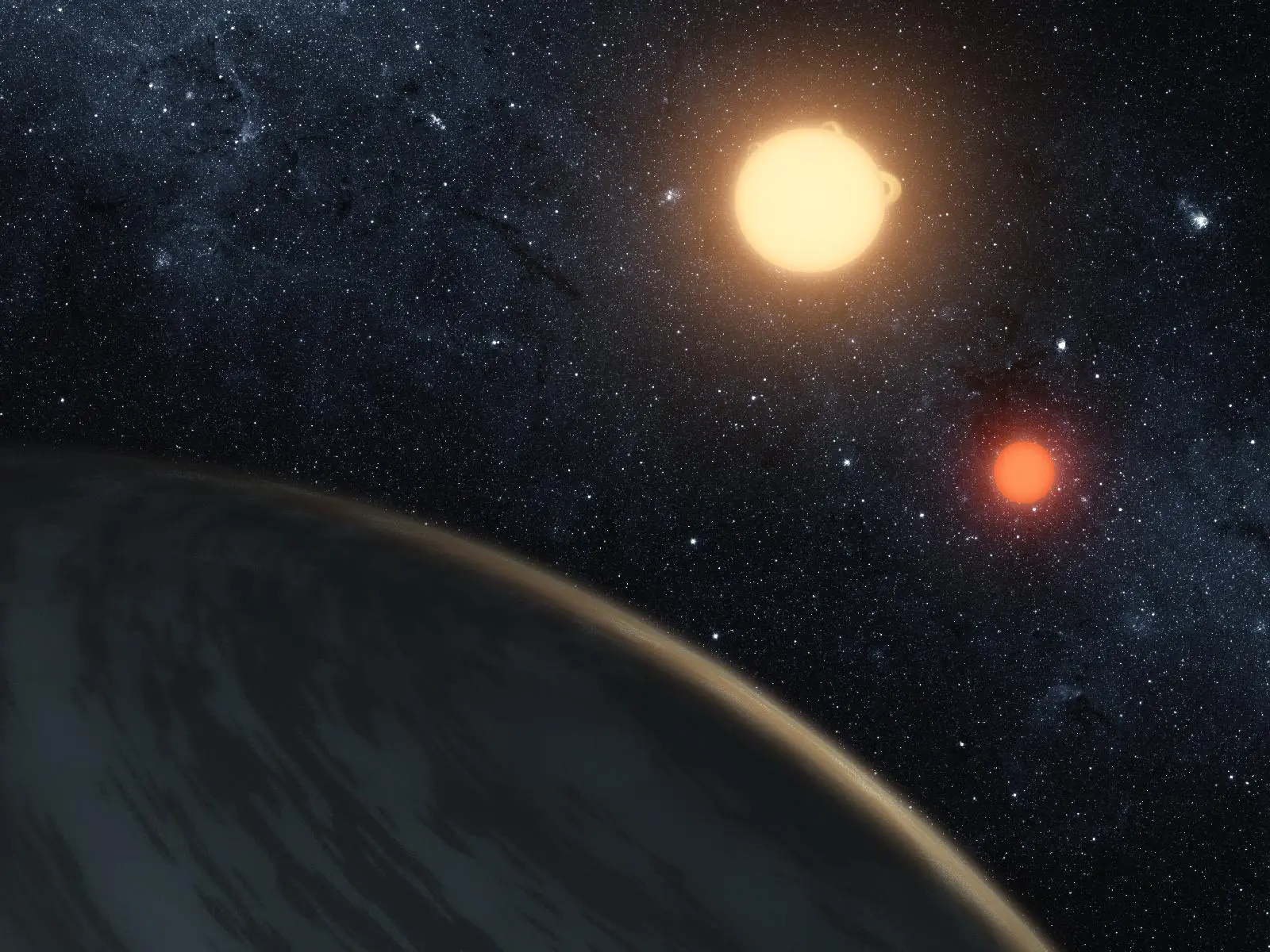 Artist's concept illustrating Kepler-16b, the first planet known to definitively orbit two stars (Image: NASA/JPL-Caltech/T. Pyle)