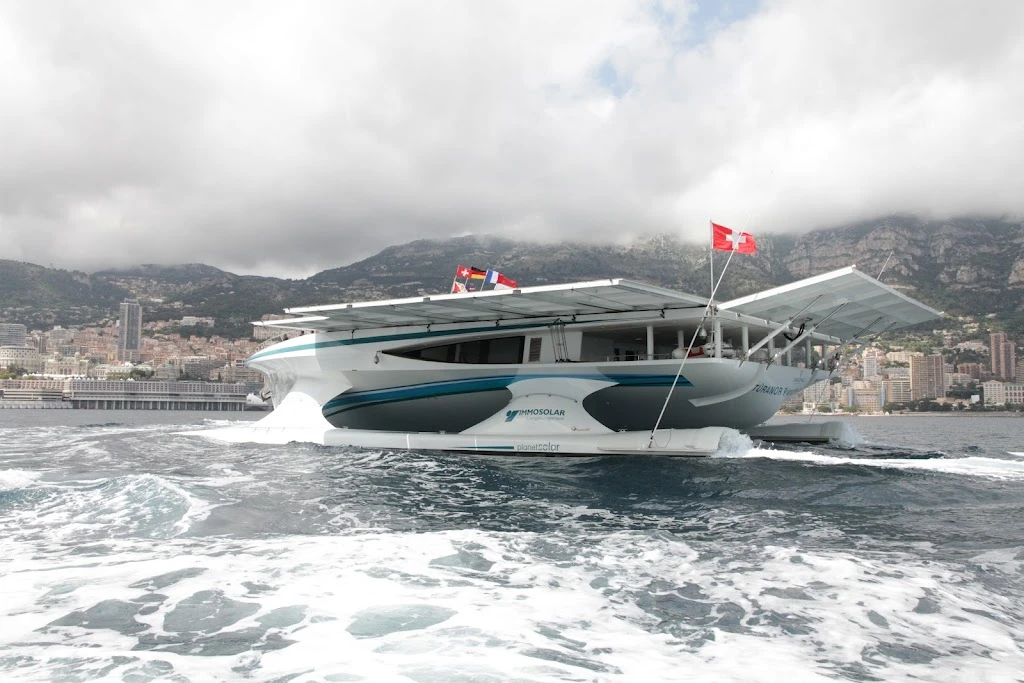 The TURANOR PlanetSolar, as it enters Monaco's Hercule Harbor