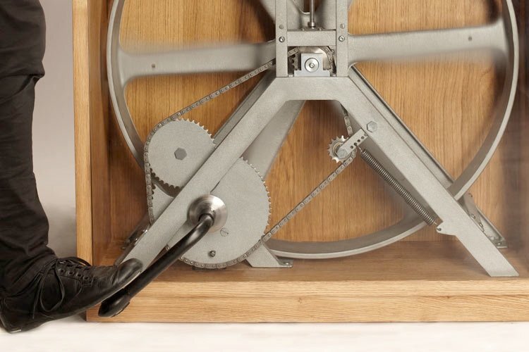 Pumping the pedal drives the flywheel which in turn provides power to the appliances