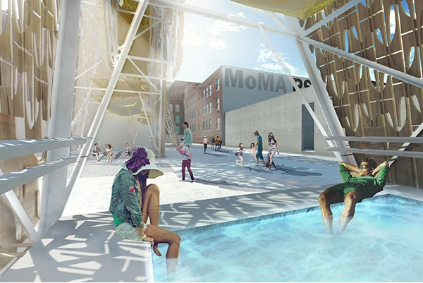 Water ducted via the third floor of the PS1 building will replenish a series of pools and refreshing cooling stations through a gravity-operated system (Image: CODA)