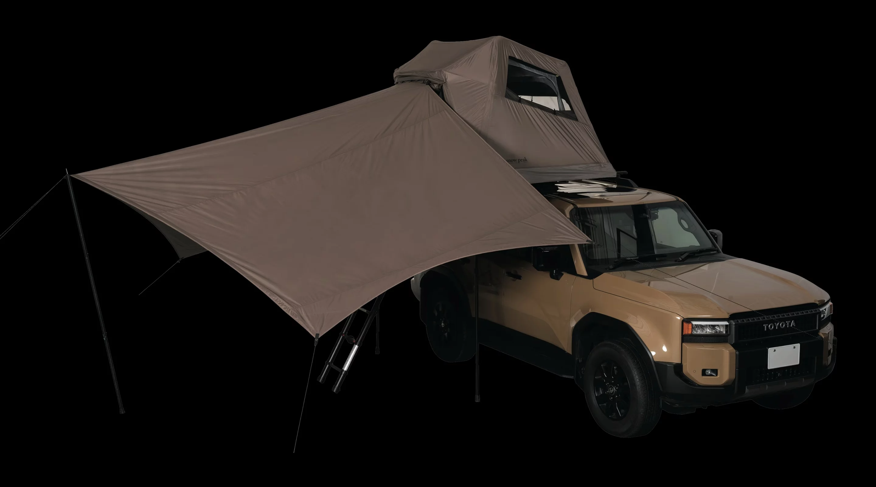The Snow Peak Field Rise RTT comes with a full awning to provide coverage over the ladder and entry