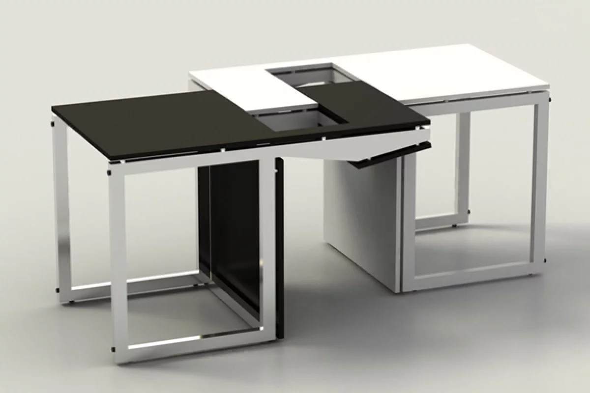 Sensei as seen at the moment the two chairs are slotted together to form a coffee table