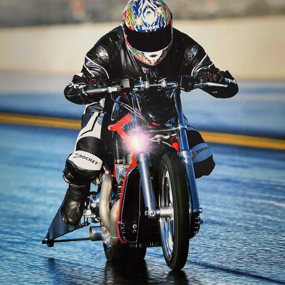 When the flag drops ... Boris testing just how fluid-proof Joe Rocket leathers are from the inside aboard the V-Rod Destroyer