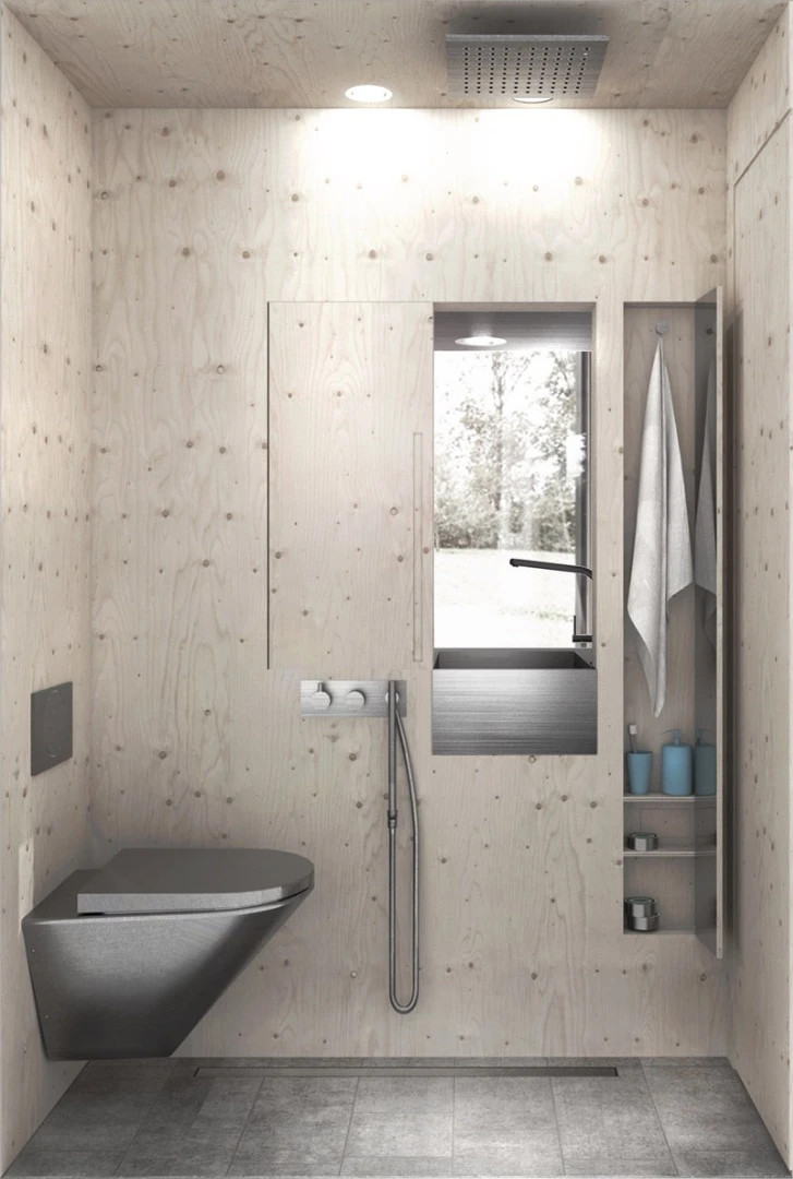 The interior layout includes a small toilet and shower area (with very plush-looking fittings)