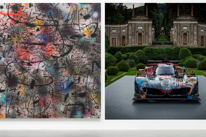 At left is Julie Mehretu's "Everywhen" (2021-2023), an ink and acrylic on canvas measuring 120 inches (305 cm) square. At right is the BMW M Hybrid V8 that will wear the painting in the 92nd 24 Hours of Le Mans on 15–16 June 2024