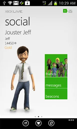 From the Social menu, users can message friends as well as view gamer scores and current Xbox Live beacons