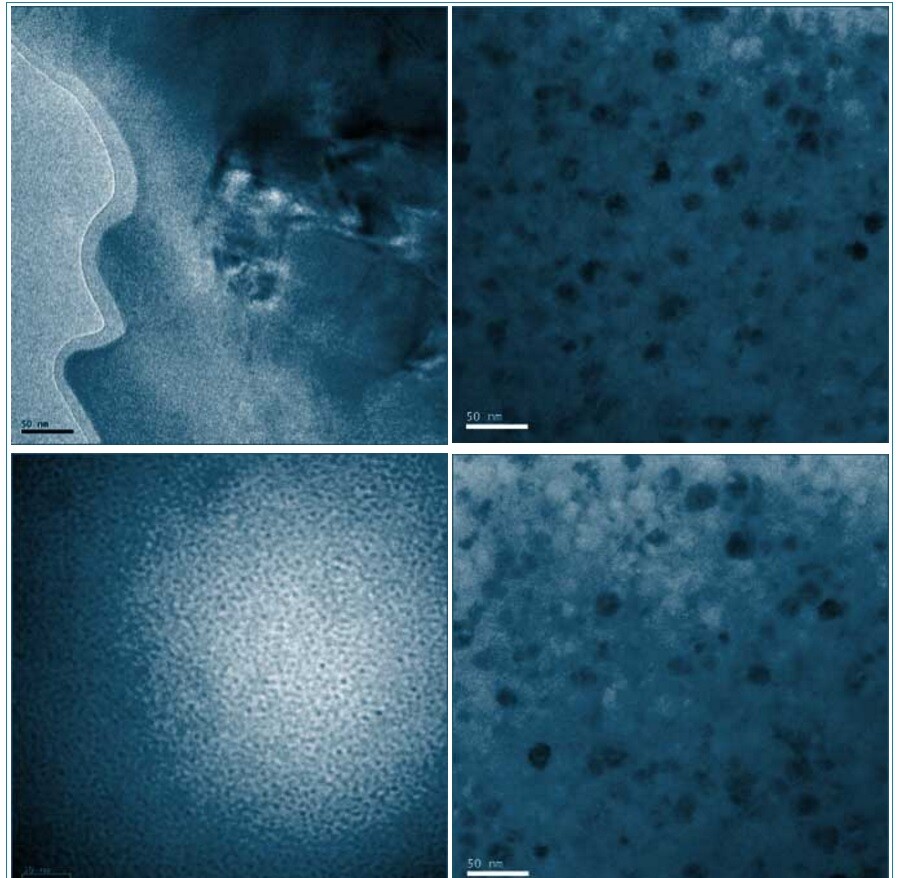 Transmission electron microscopy image showing different levels of crystal structures embedded in the amorphous matrix of the alloy