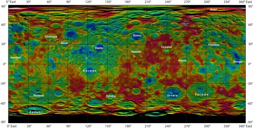 Color-coded elevation map of Ceres' surface, complete with the names of geological features approved by The International Astronomical Union