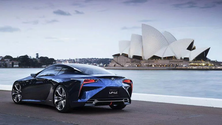 The Lexus LF-LC Blue concept vehicle in front of the Sydney Opera House