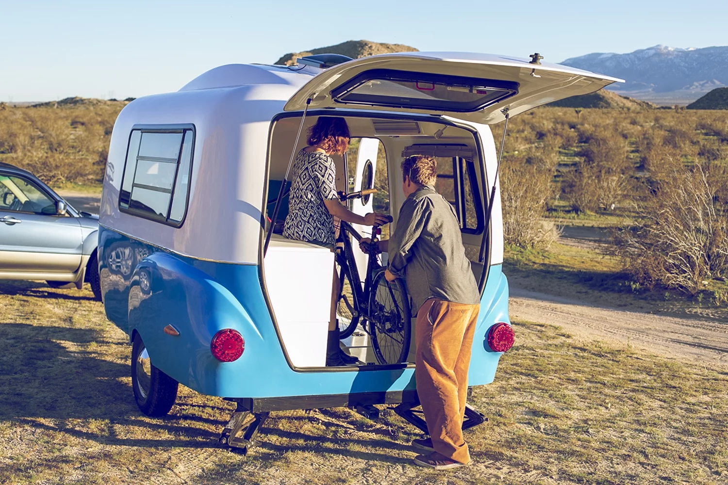 The Happier Camper HC1 travel trailer has a large rear hatch for access