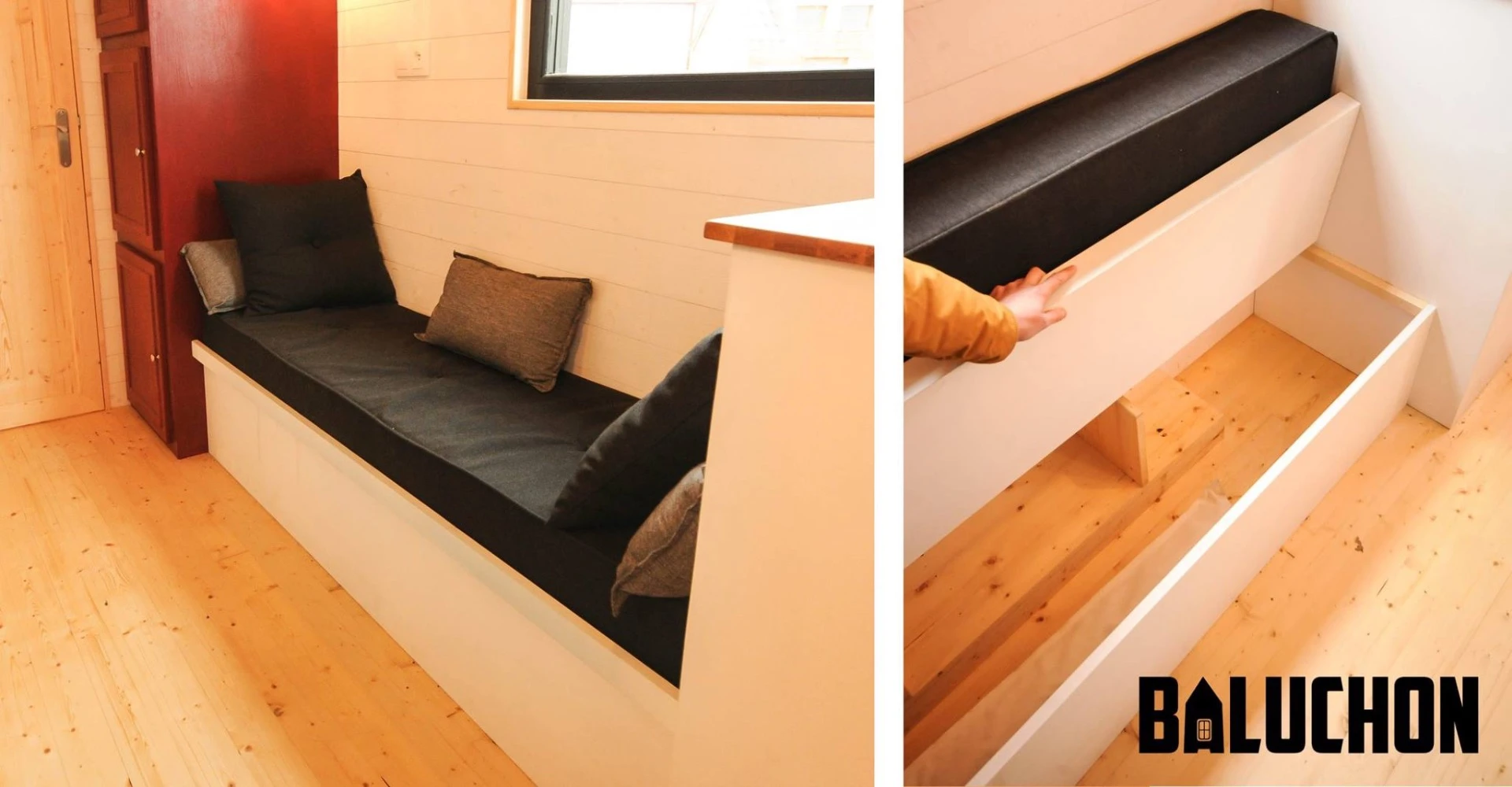 The Calypso includes a couch that can serve as a guest bed and has storage space underneath