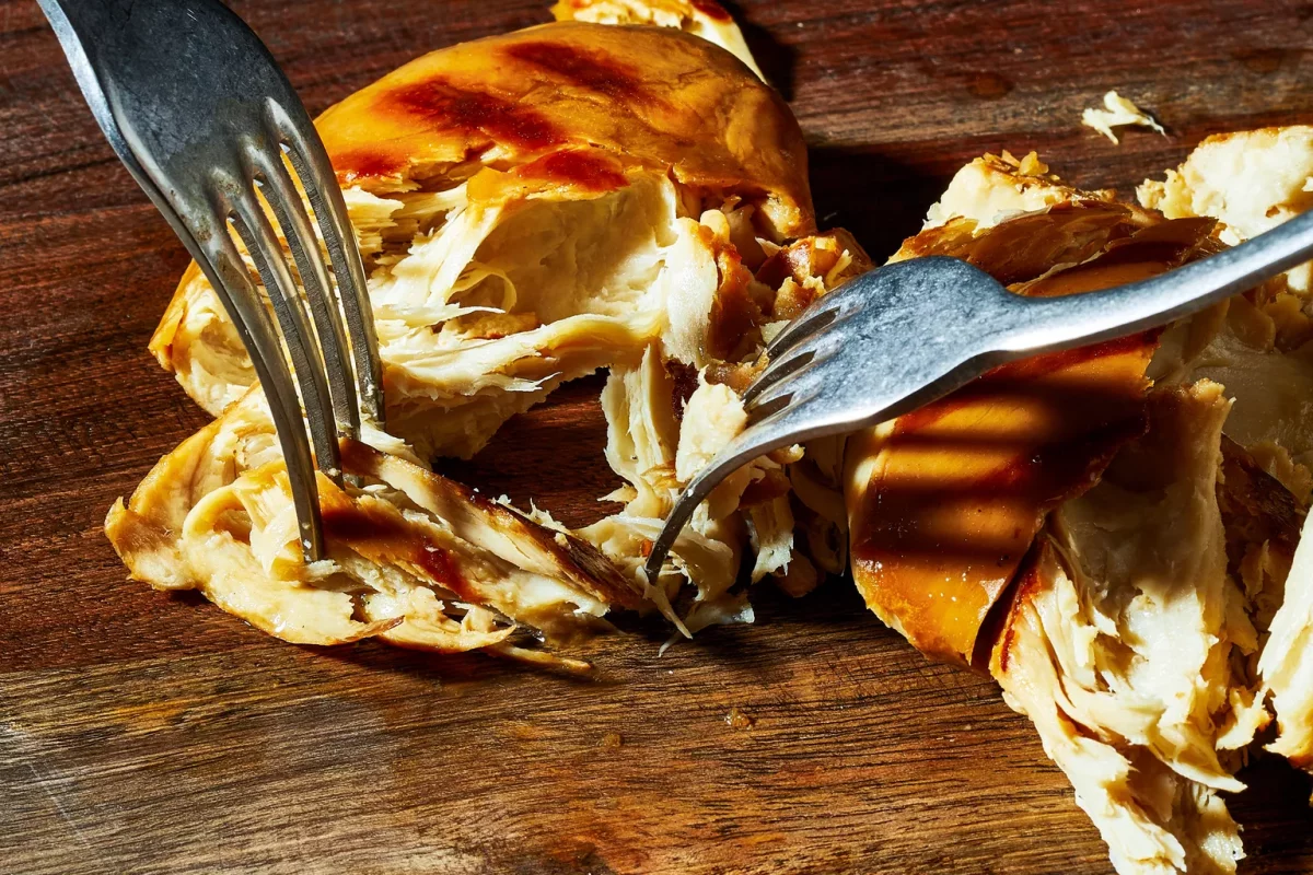 Roasted chicken being pulled apart by two forks