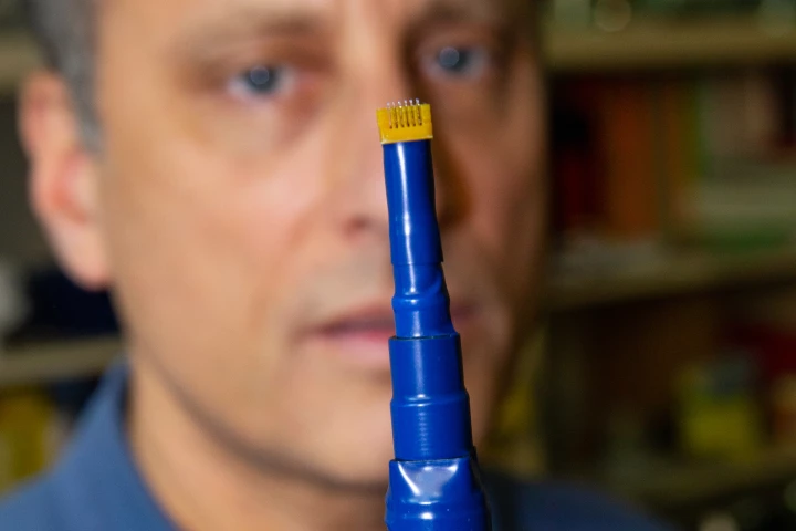Prof. Mark Prausnitz with the business end of the ePatch vaccine-delivery device