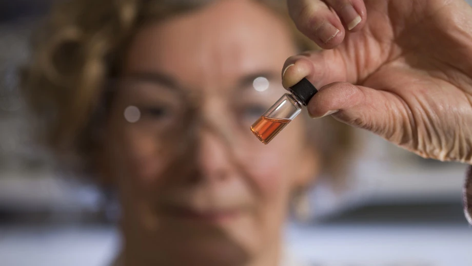 A vial of the pink compounds, which at 1.1 billion years old, represent the oldest intact "colors" in the fossil record