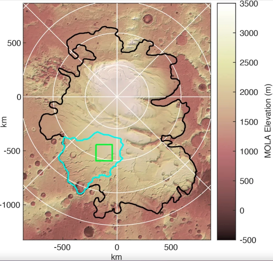 A topographical map of the south pole of Mars. The black line marks the boundary of the ice cap, the blue line is the area modeled in the new study, and the green square is the proposed location of the subglacial lake.