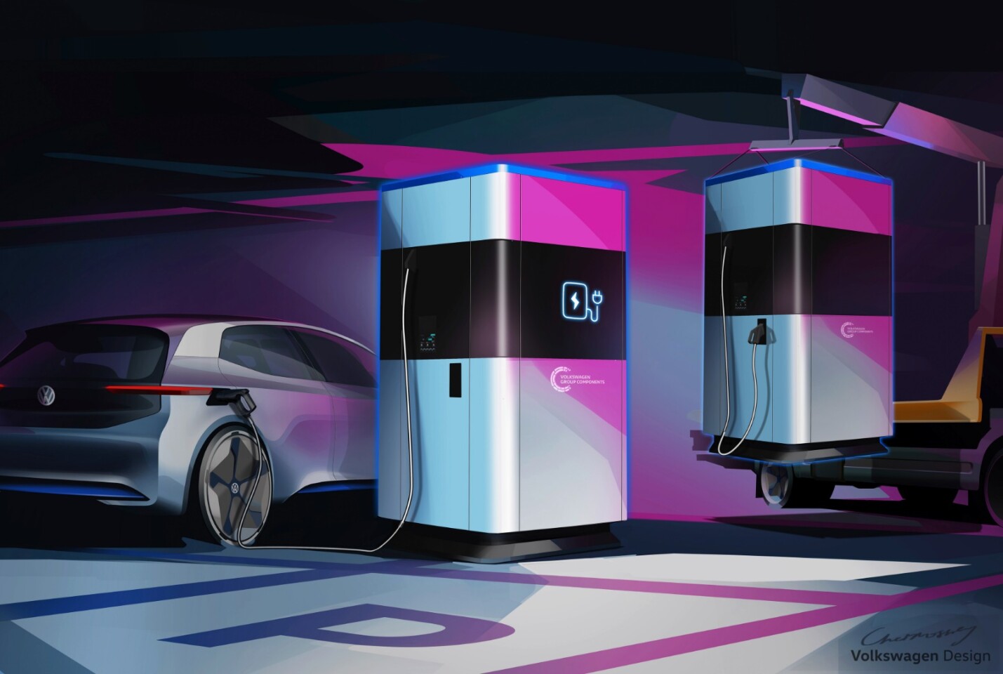 When a mobile charging station's batteries fall below 20 percent capacity, it can be swapped out for another