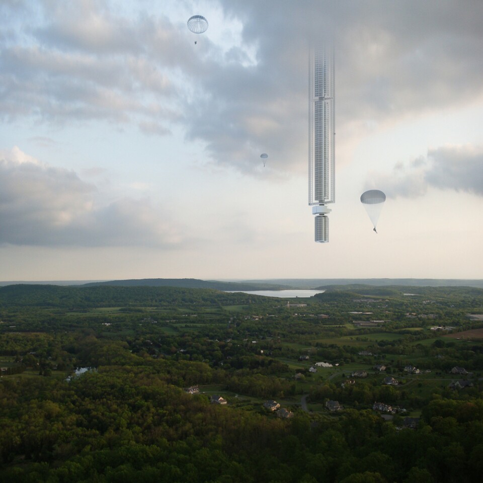 From Clouds Architecture Office comes this extraordinary concept for an upside-down skyscraper that hangs from an orbiting asteroid