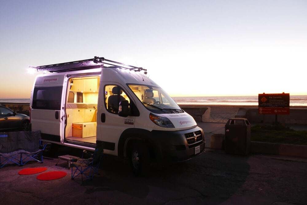 Glampervan bases its camper on a medium-wheelbase Ram Promaster, aiming for a balance of on-road maneuverability and at-camp livability
