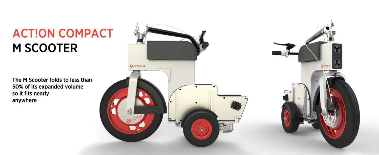 In riding mode, the scooter measures 40.3 x 25.8 x 43.7 in (102.4 x 65.5 x 111 cm), but the rear wheels, steering column, and seat fold together into a much tidier 38.3 x 20.5 x 30.9 in (97.3 x 52.1 x 78.5 cm)