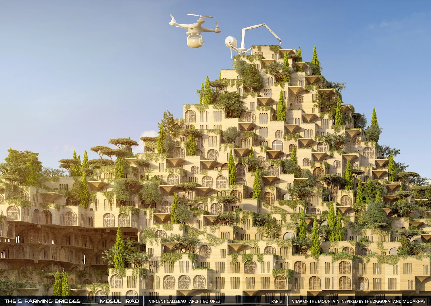 "Five 3D printers in the form of articulated spiders will allow the construction of 30 houses per day, or nearly 55,000 housing units in five years spread over the five bridges," explains Callebaut