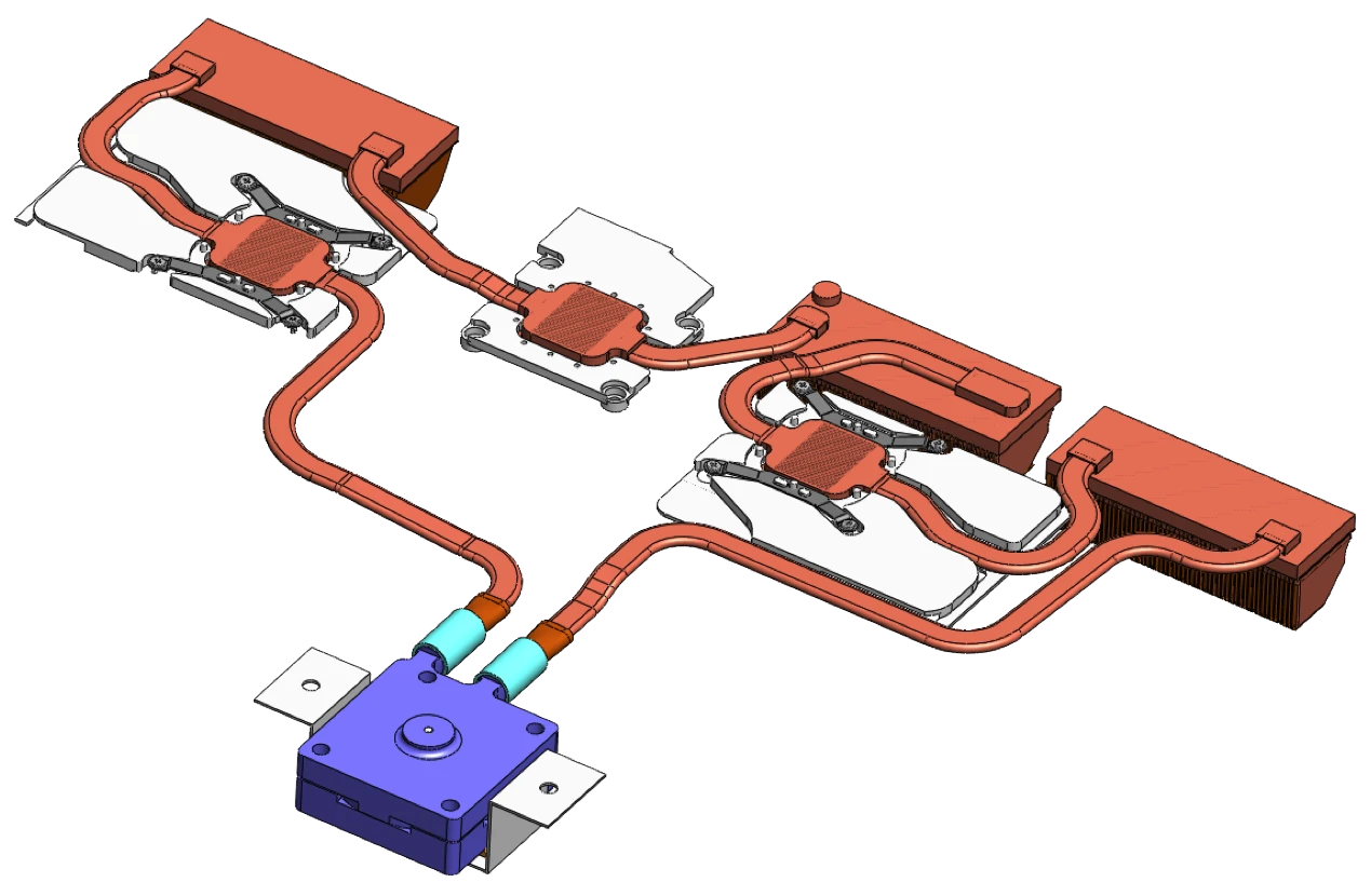 Asetek's slim form factor liquid cooling system interconnects all of the laptop's thermal management modules to extract heat from the CPU and GPUs as needed, effectively borrowing idle cooling capacity from each other