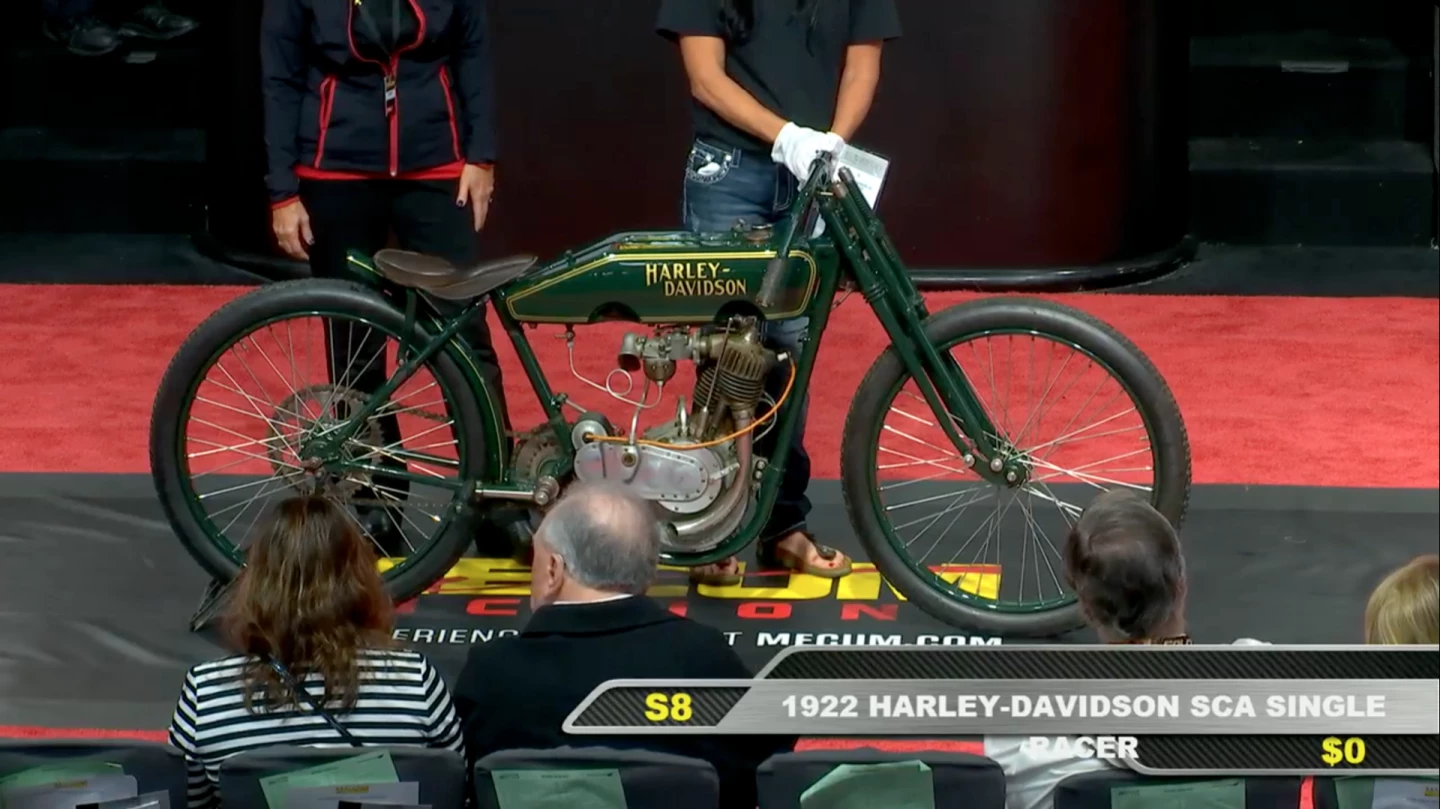 Harley-Davidson began making this model when the larger 1000cc v-twin models were banned from board track racing in the 1920s when the officials began taking measures to curb the speeds and the death toll. Only a small number of these rare racers were built before board track racing finished altogether, but this 1922 SCA Single is the very first specimen ever produced, wearing engine number #1. Sold for $41,250 against an estimate of $40,000 to $50,000. Official Auction Description