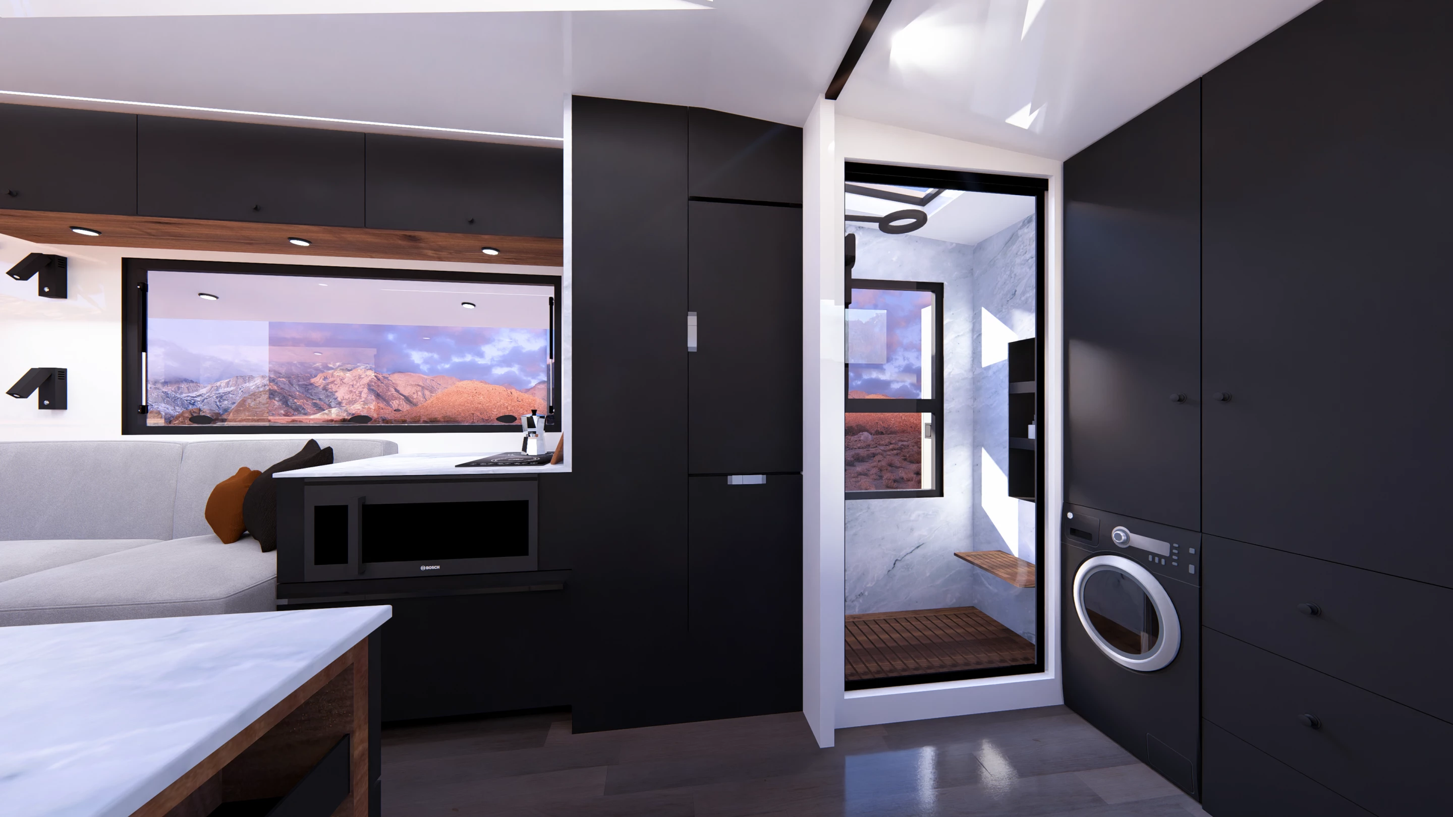 The dry bathroom has a separate toilet room and a shower with marble walls, teak flooring and plenty of views - presumably some type of shade, too