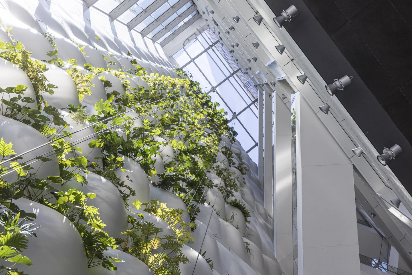 The Telus Sky Tower features a large interior green wall