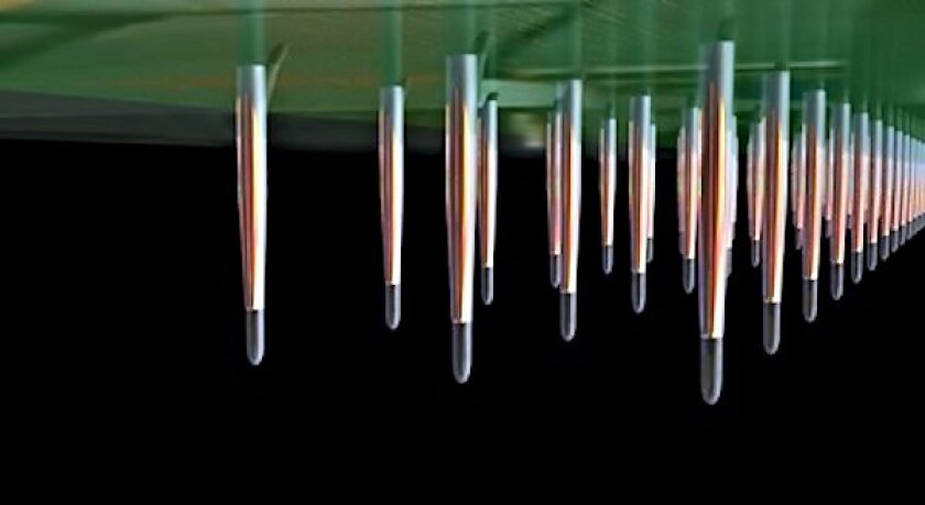 A photograph showing the lower side of the Bio-Retina, together with some of the grid of microelectrodes which direct electrical stimulus to the visual neurons