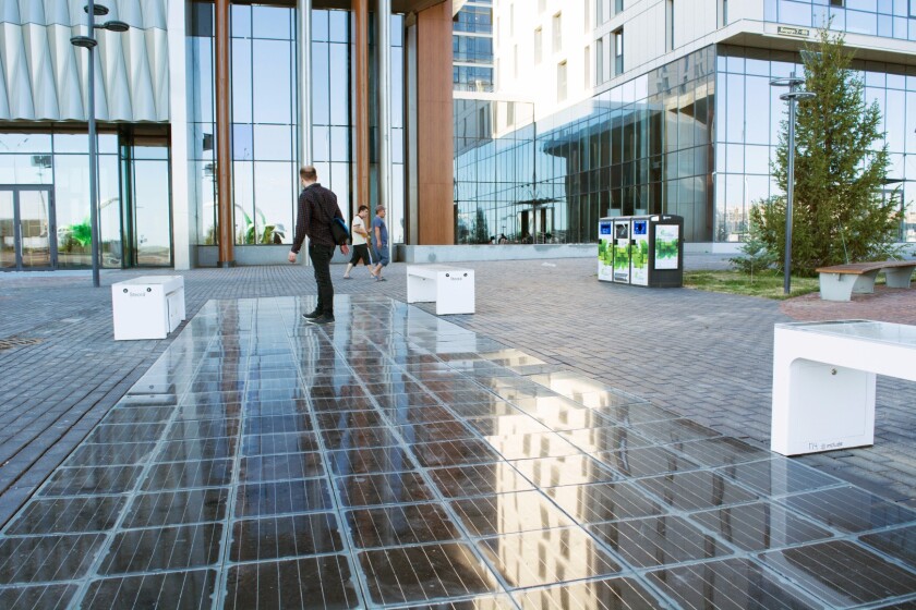 One of two solar panel walkways outside the Green Quarter shopping mall in Astana, Kazakhstan