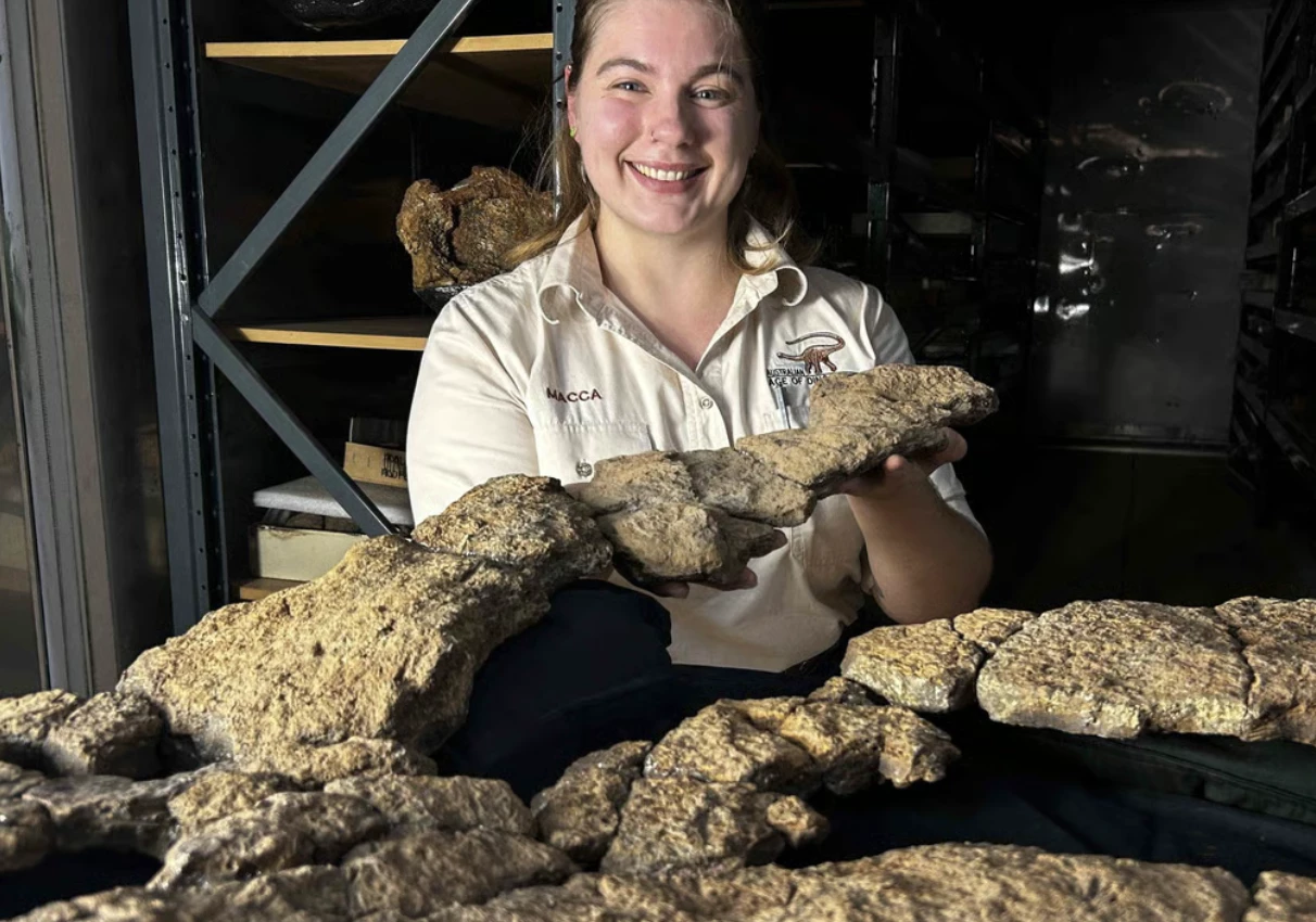 Australian Age of Dinosaurs collection manager Mackenzie Enchelmaier with a piece of Judy's fossilized gut
