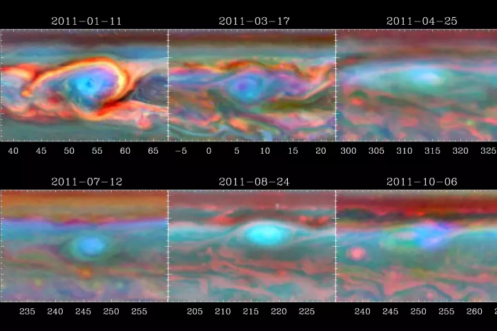 False-color images showing a Saturnian storm slowly dissipating after running into its own tail (Image: NASA/JPL-Caltech/SSI/Hampton University)