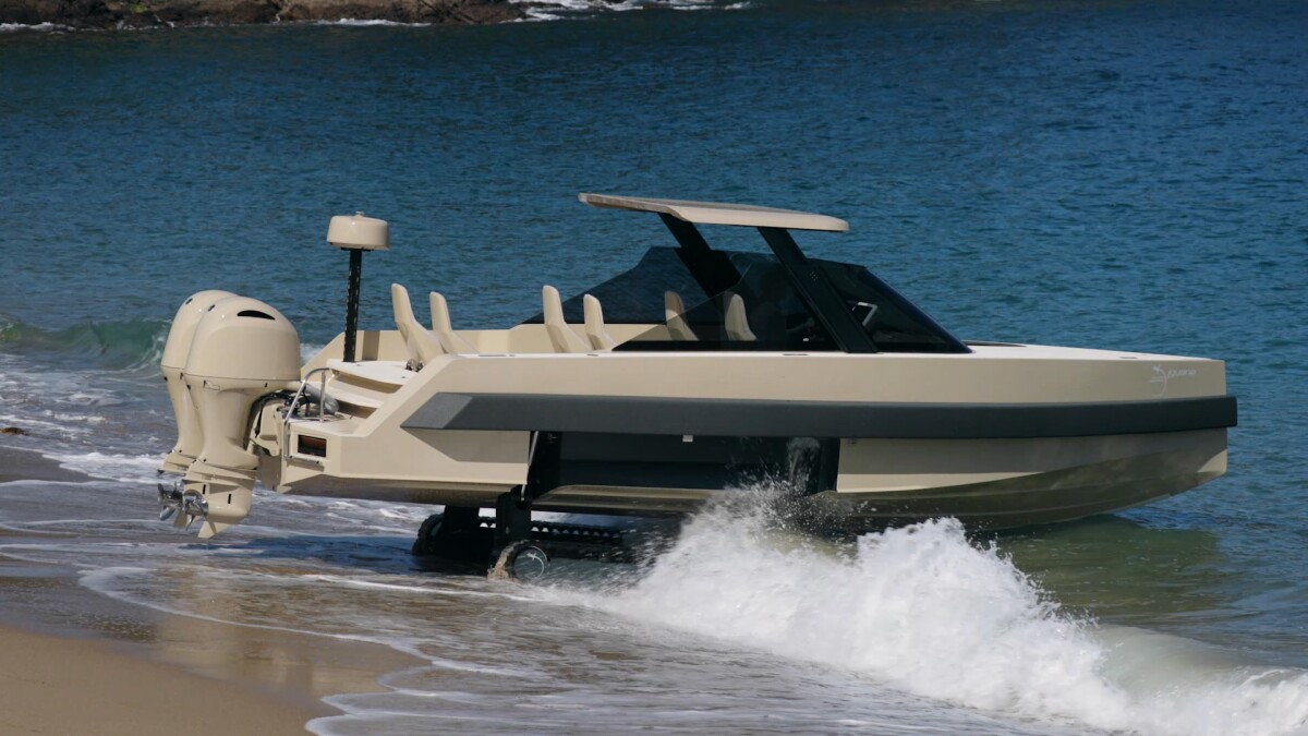 The seven-seat amphibious Iguana Commuter Limousine combines the company's signature retractable caterpillar tracks, with an adjustable retractable hardtop and shock-mitigating seats