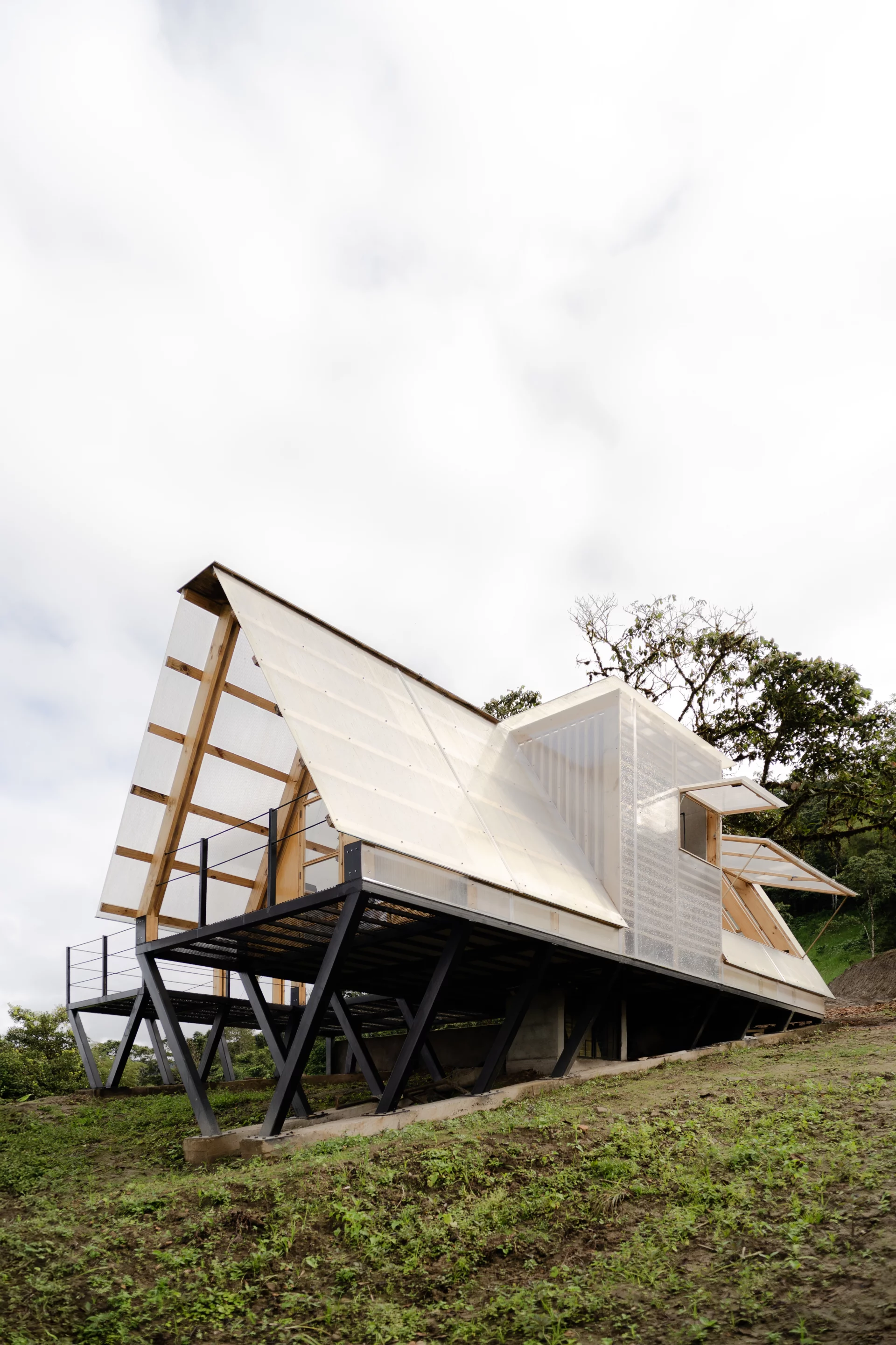 The tiny cabin is wrapped in translucent polycarbonate panels